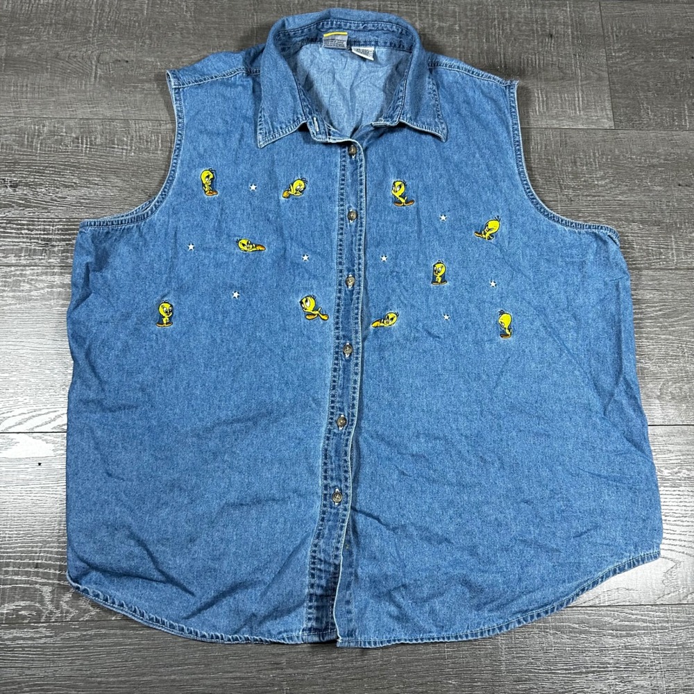 Looney Tunes Tweety Bird Denim Sleeveless Button Up Shirt‎ Womens 26 28W Plus